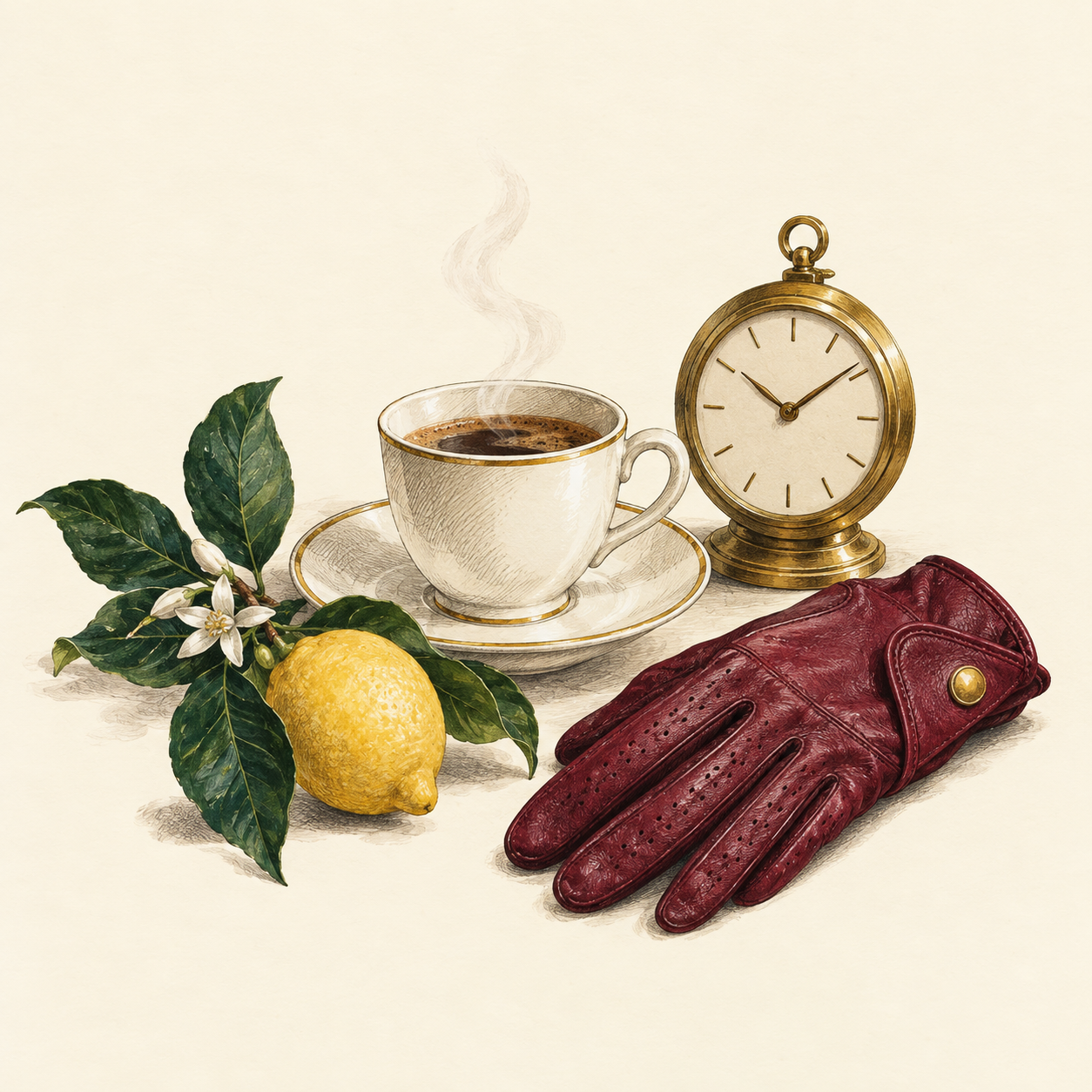 Coffee, a brass clock and a burgundy golf glove with a lemon branch